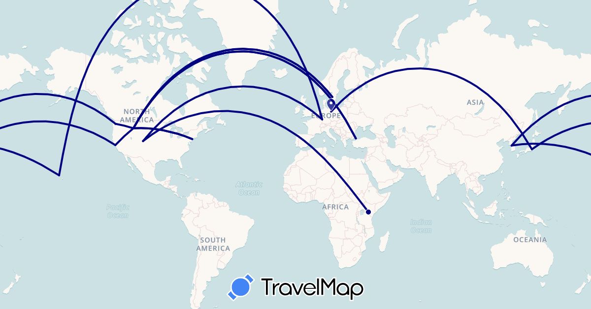 TravelMap itinerary: driving in Germany, Japan, Kenya, South Korea, Sweden, Turkey, Tanzania, United States (Africa, Asia, Europe, North America)